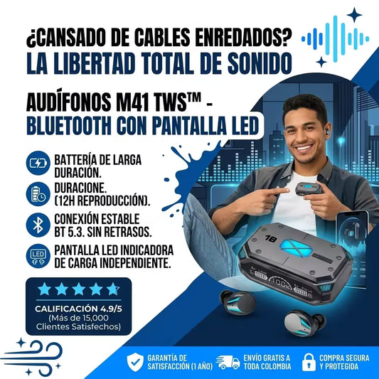 M41 TWS™ - Audífonos Inalámbricos Bluetooth con Pantalla LED